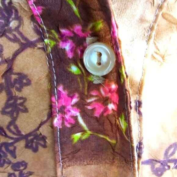 Blouse Chiffon Sheer Button Front 3/4 Length Sleeves Boho Patchwork Look… - Picture 2 of 16